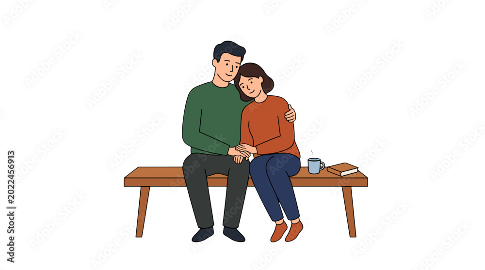 Fototapeta premium Couple sitting on bench holding hands and sharing a moment together