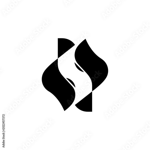 Abstract Black and White Wavy Geometric Logo Design, Minimalist Monochrome Curved Shape Illustration