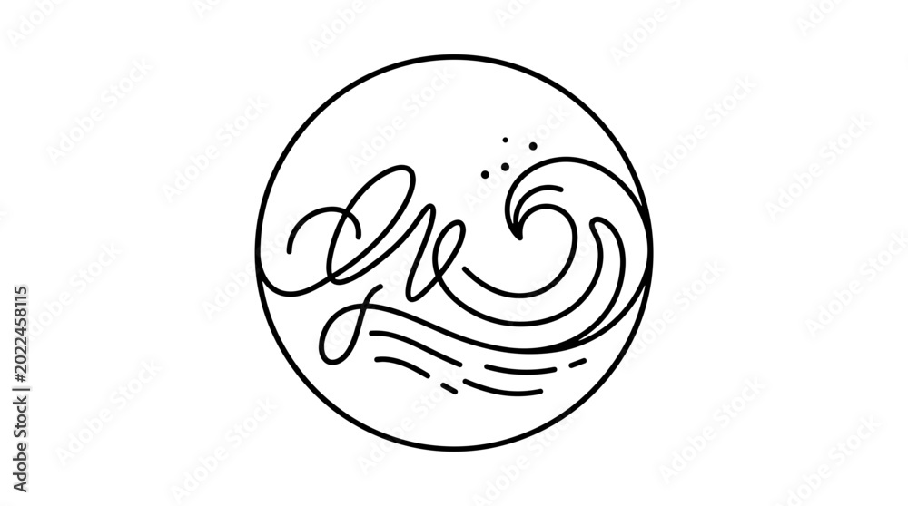 Obraz premium Minimalist black and white line art of a wave with swirling details