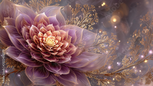 Elegant purple flower with golden foliage and dreamy background  