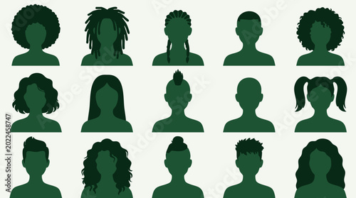 Diverse people silhouettes showcasing various hairstyles and hair types