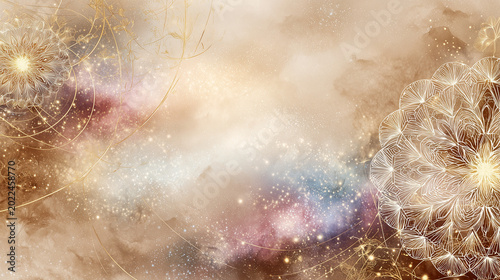 Abstract soft cream gradient background with golden floral patterns  