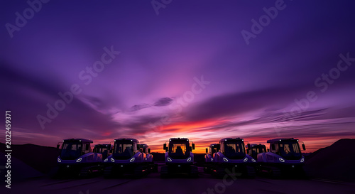 Line of construction vehicles parked under a dramatic sunset sky with heavy machinery
