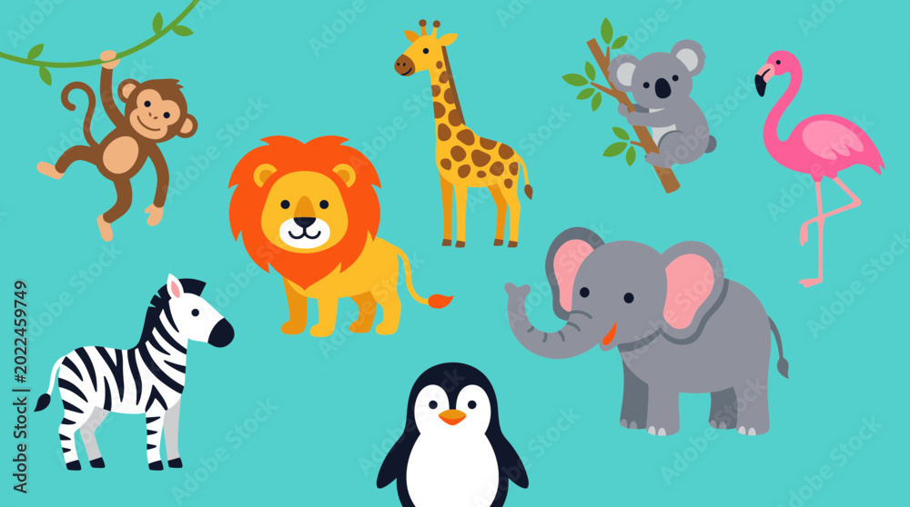 Naklejka premium Cute cartoon jungle animals and wildlife characters on a blue background, including monkey, lion, giraffe, zebra, elephant, penguin, koala and flamingo