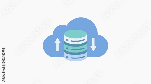 A cloud with a data server, representing data storage and computing. The design incorporates a cloud icon with upward and downward arrows