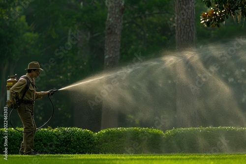 Efficient pest control solutions  worker spraying on lush green lawn for effective management