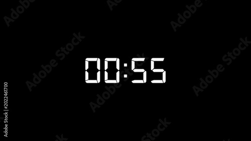 Digital Countdown timer one minute animation from 60 to 0 seconds on transparent background. 1 minutes countdown timer animation. 4k video