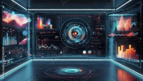 Futuristic, high-tech control panel with multiple glowing displays showing complex data visualizations