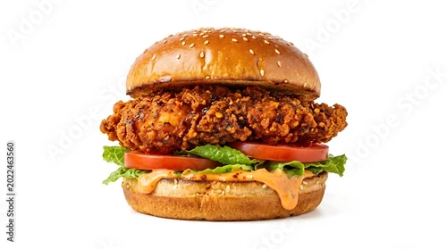 Obraz Crispy fried chicken sandwich, fast food burger, sesame seed bun, juicy tomato lettuce
