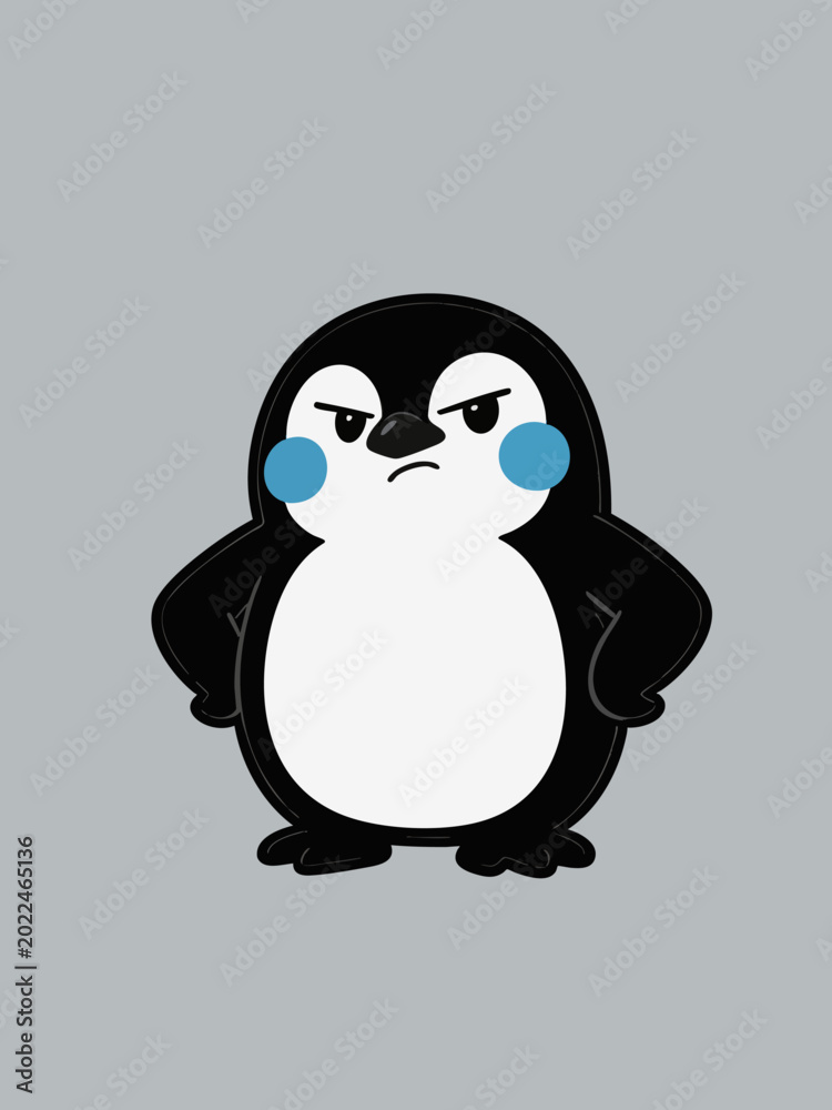 Fototapeta premium Grumpy cartoon penguin character with hands on hips
