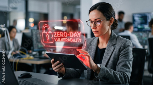 Cyber security analyst using tablet facing zero day exploit in modern office, focused and alert