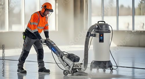 Construction worker using a floor grinder machine with a vacuum cleaner on concrete