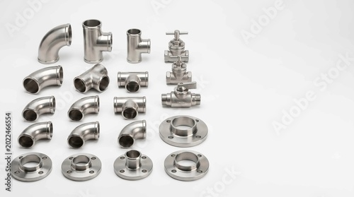 Various steel pipe fittings arranged neatly in this high quality photograph for industrial plumbing systems