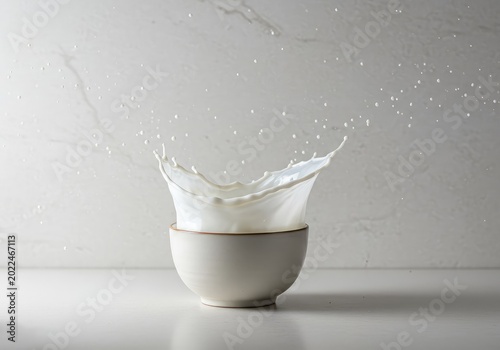 Creamy white liquid splashing into a ceramic bowl on a clean counter in a bright, minimalist kitchen setting. High key lighting emphasizes freshness and purity ,kitchen ,white ,fresh