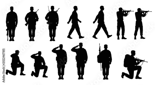 Tableau sur toile Soldiers in various combat positions silhouettes.