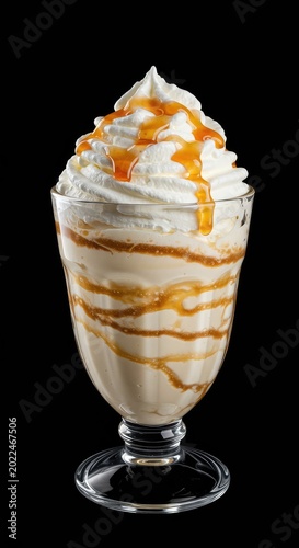 Decadent close-up shot of a swirling, creamy dessert sundae topped with smooth syrup and luscious whipped topping ,refreshing ,rich ,vanilla