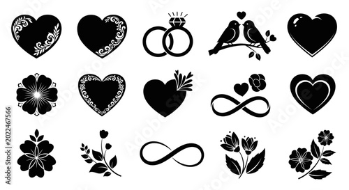 Quadro su tela Black silhouettes of love symbols icons.