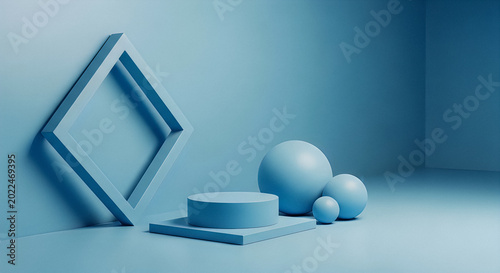 Foto Abstract blue studio setup with geometric shapes, podium, and spheres for product display