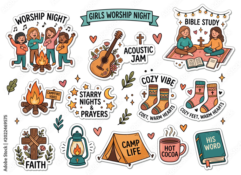 Fototapeta premium Girls worship night camp life sticker collection