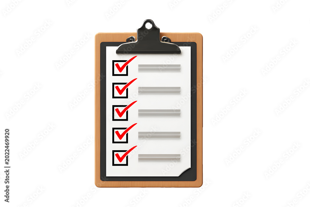 Fototapeta premium Clipboard with completed checklist paper and red check marks on every item isolated on cut out PNG or transparent background. Symbolizing success approval organization, productivity task management.
