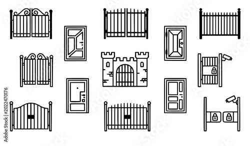 Gate icon set vector outline entrance and fence symbols isolated on white