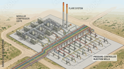 Industrial Gas Compression Station with Injection Wells and Flare System.