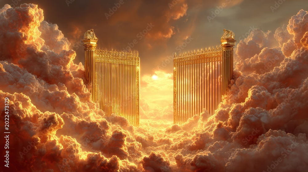 Fototapeta premium Opulent golden gates stand majestically amidst luminous, billowing clouds at sunset.