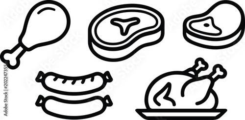Schilderij op canvas Collection of raw meat products icons, chicken leg, beef steak, sausages and who