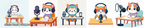 Canvas Print cute cat vector doing podcast on table