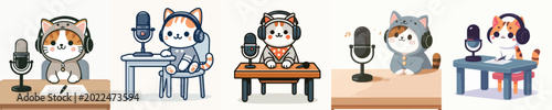 Canvas Print cute cat vector doing podcast on table