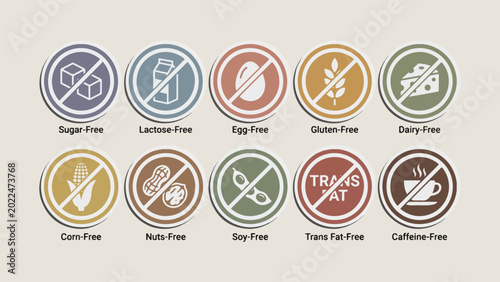 Food dietary icons, sugar free, lactose free, egg free, gluten free