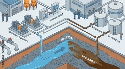 Foto Industrial water injection and oil displacement process illustration