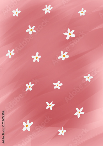 A whimsical pattern of delicate white flowers scattered across a soft, painterly pink and red gradient background, evoking a gentle springtime feel