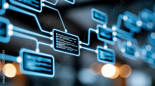 Close-up of AI workflow automation interface showing software architecture with data process flow and trigger icons, software node concept, architecture photography, AI trigger