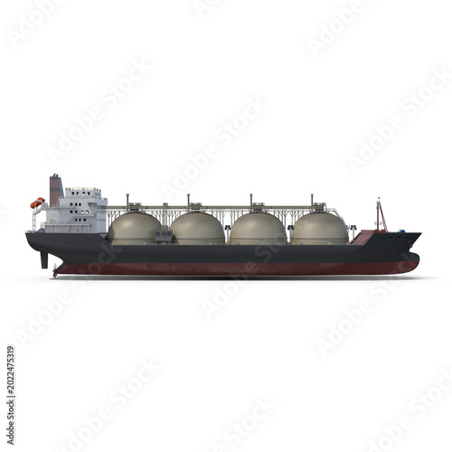 LNG tanker ship 3D render with four large dome-shaped gas tanks, dark hull, red bottom, helipad, white superstructure isolated PNG