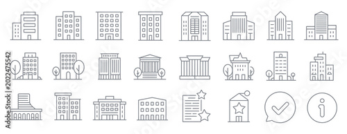 Minimalist line art icons of office buildings and corporate architecture for business use