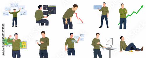 Bild auf Leinwand Set of male trader character illustrations analyzing stock charts and managing c
