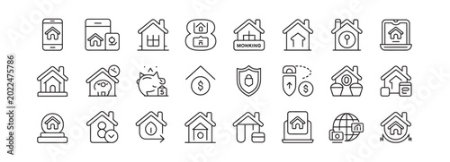 Real estate and property management line icons for digital platforms and housing services