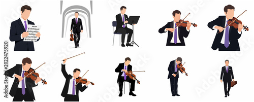 Tableau sur toile Collection of male violinist character illustrations in various poses, professio