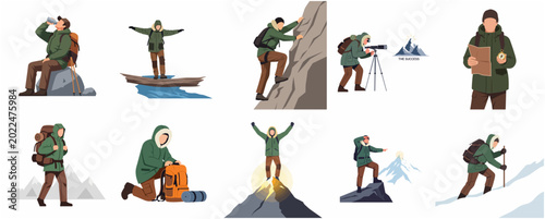 Photos Flat vector illustration set of a hiker and mountain climber engaging in various outdoor adventure activities such as trekking, rock climbing, and navigating
