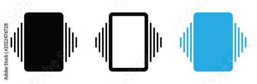 Photos Mobile phone speaker sound wave icons in black and blue with sound waves emittin