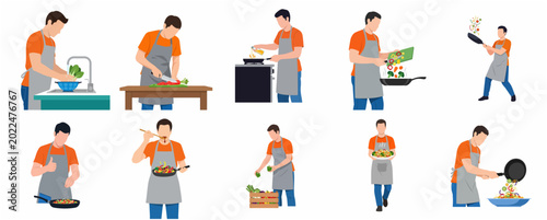 Canvastavla Set of flat vector illustrations of a male chef preparing healthy food, showing