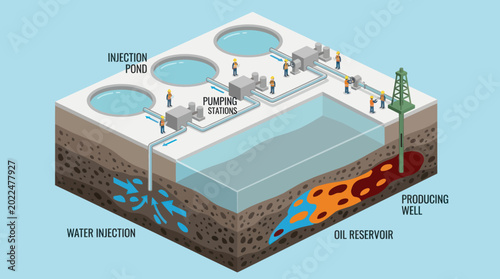 Oil Extraction Process with Water Injection and Pumping Station.