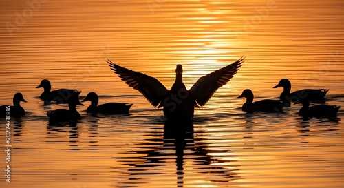Silhouette of flying duck leading flock at sunset over calm water