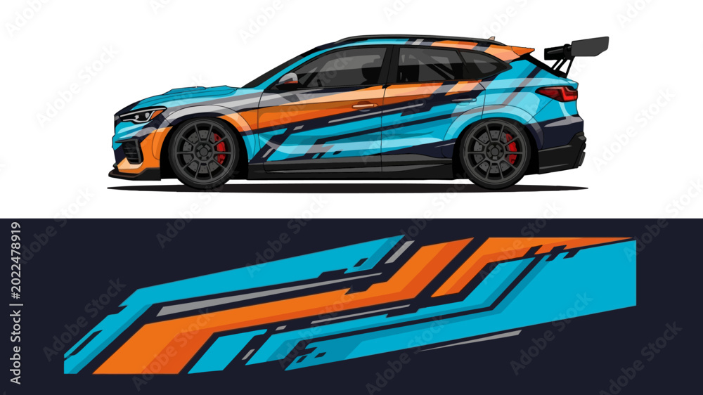 Fototapeta premium Vibrant custom race car with bold orange and cyan graphics on dark background.