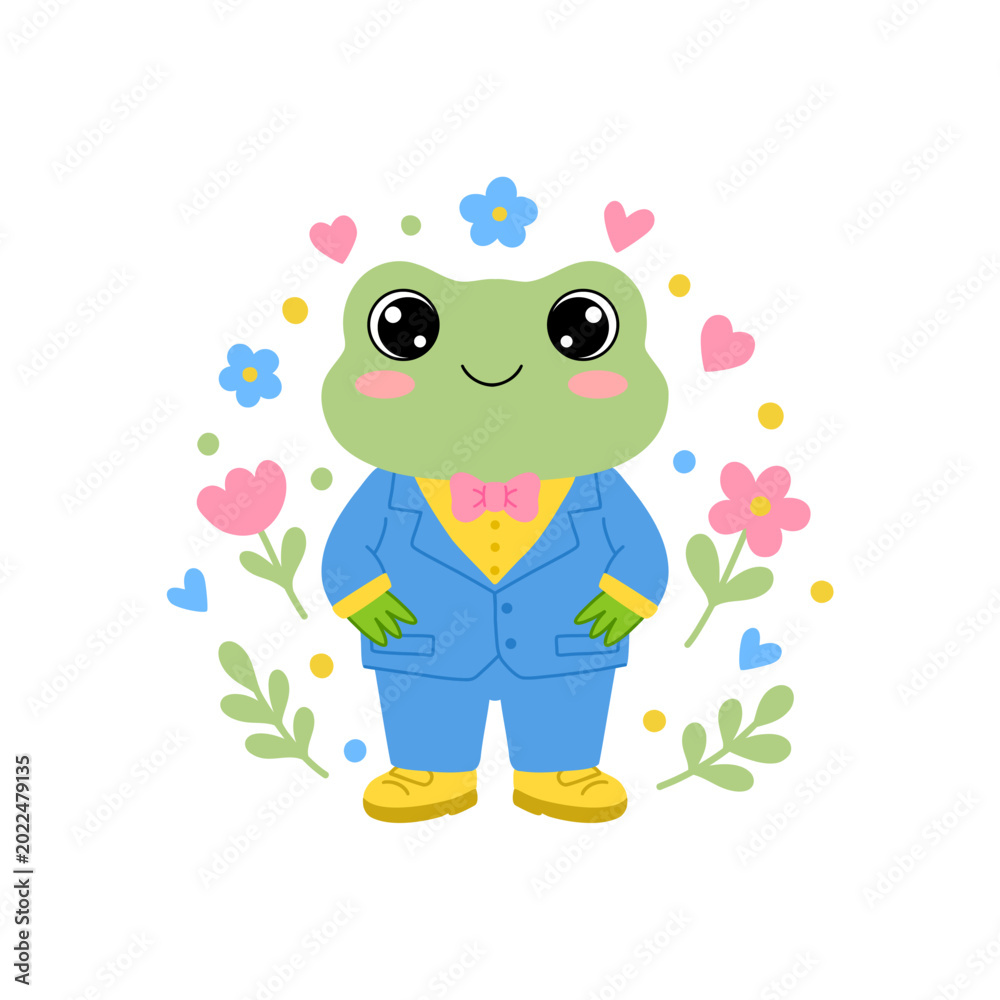 Obraz premium Male frog character wearing a blue suit and pink bow tie.