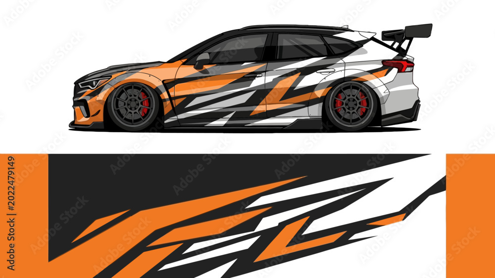 Naklejka premium High velocity orange and black race car with bold graphic livery and dynamic design.