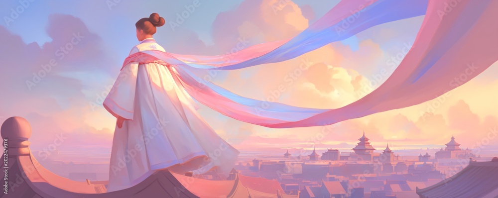 Naklejka premium Woman in chinese traditional costume looking at ancient eastern city at sunset. Fantasy landscape for a mobile or pc game, action RPG.
