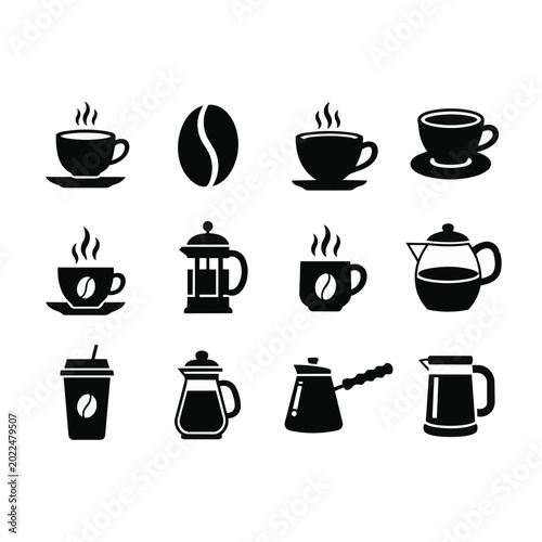 Schilderij op canvas Black coffee cup icons on white.