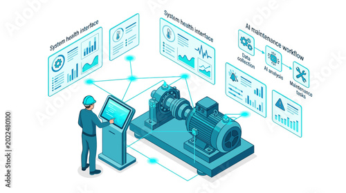 Isometric smart factory technician monitoring industrial motor with IoT predictive maintenance dashboard, blue digital twin engineering workflow for business presentation
